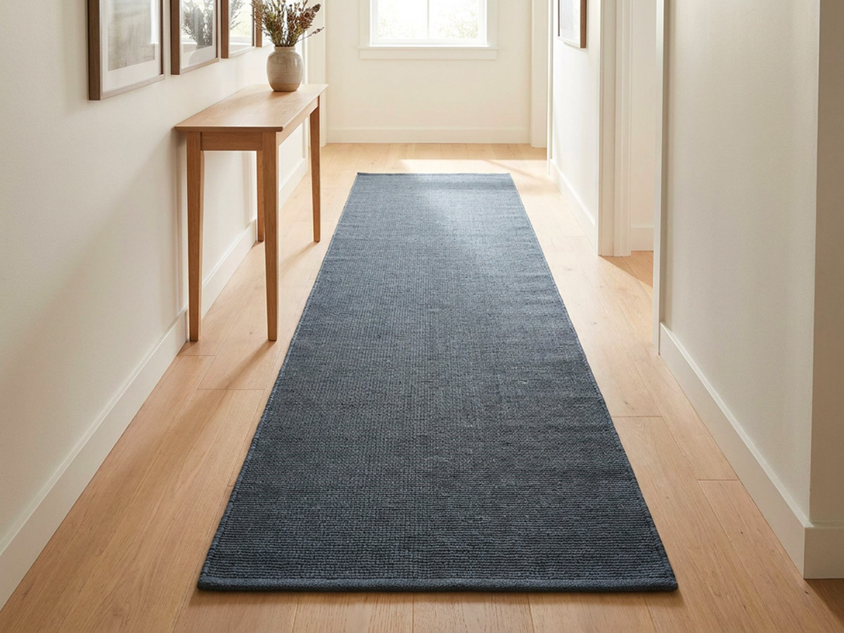 A long charcoal rectangular runner rug in a hallway with a timber floor, an oak console table and framed pictures on the wall