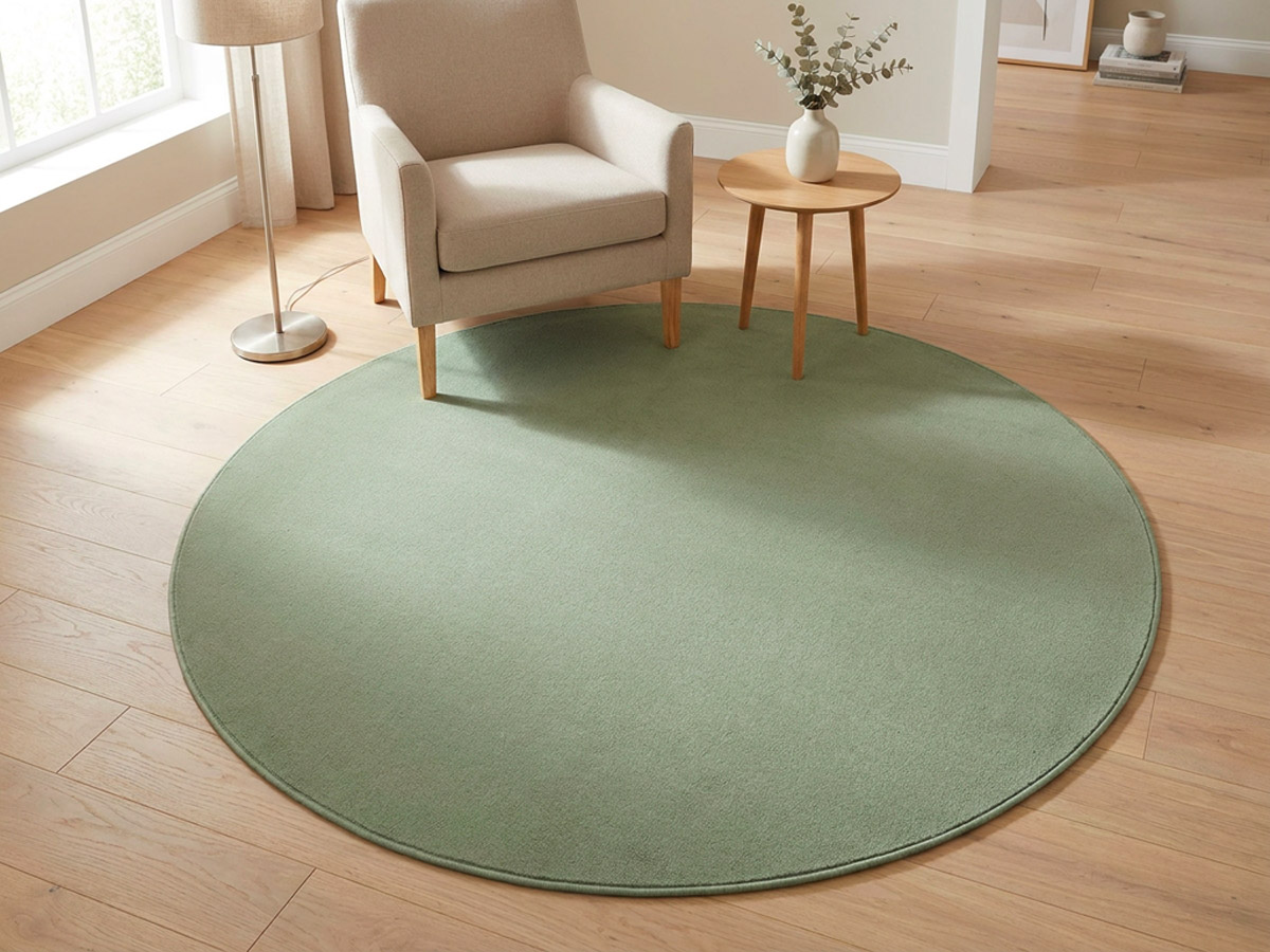A round sage green rug on a timber floor in a living area, with a beige armchair, a round oak side table and a floor lamp