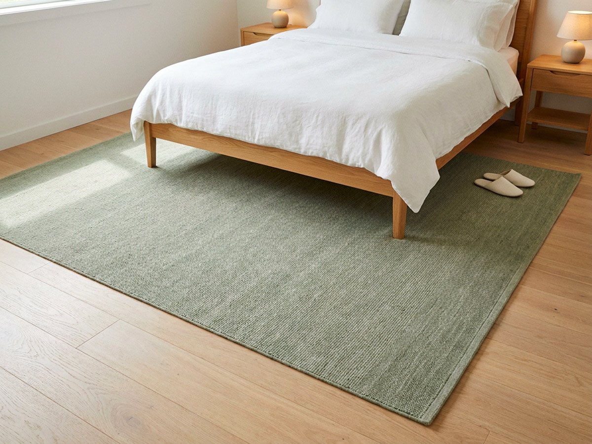 A soft neutral rug under the lower two-thirds of a made bed in a calm bedroom, with bedside tables either side