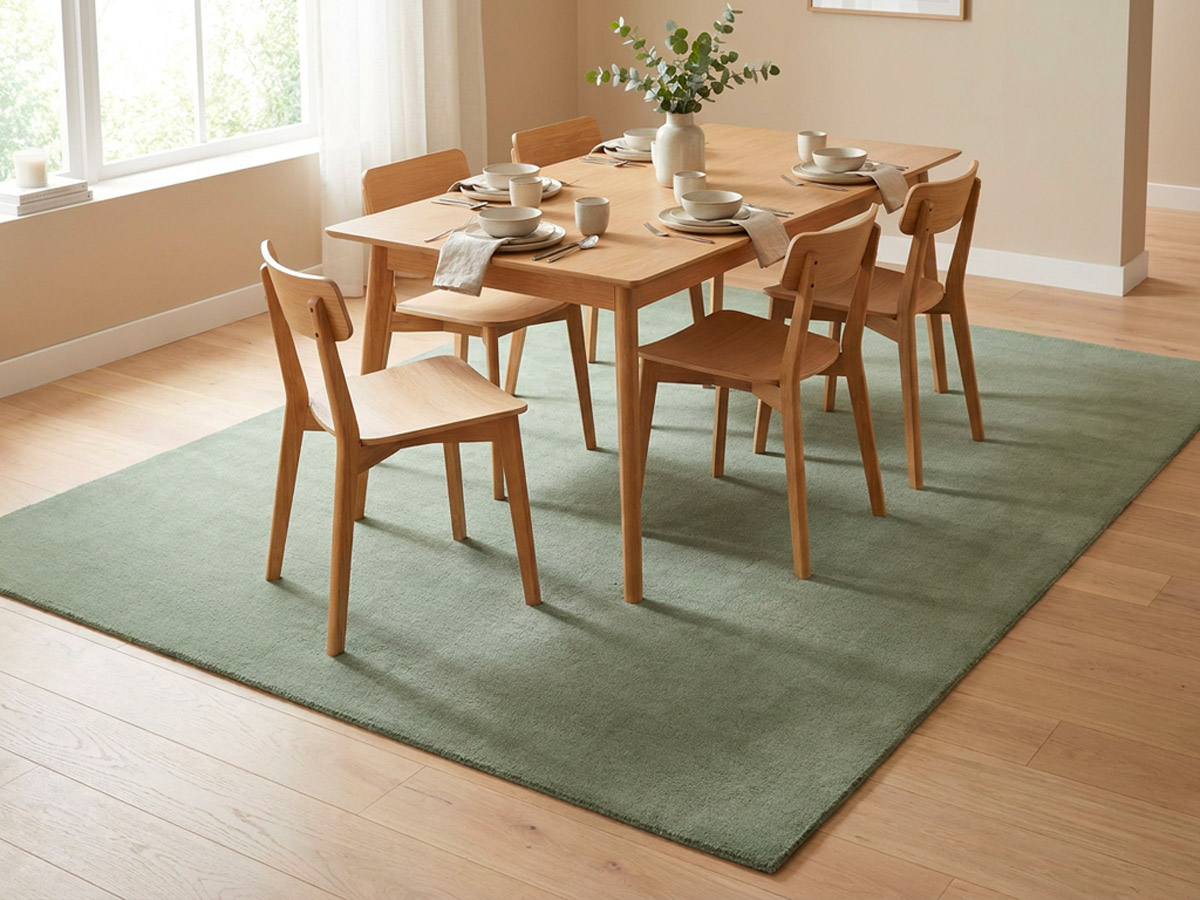 An oak dining table set for a meal with six matching oak chairs, standing on a sage green rug over a timber floor