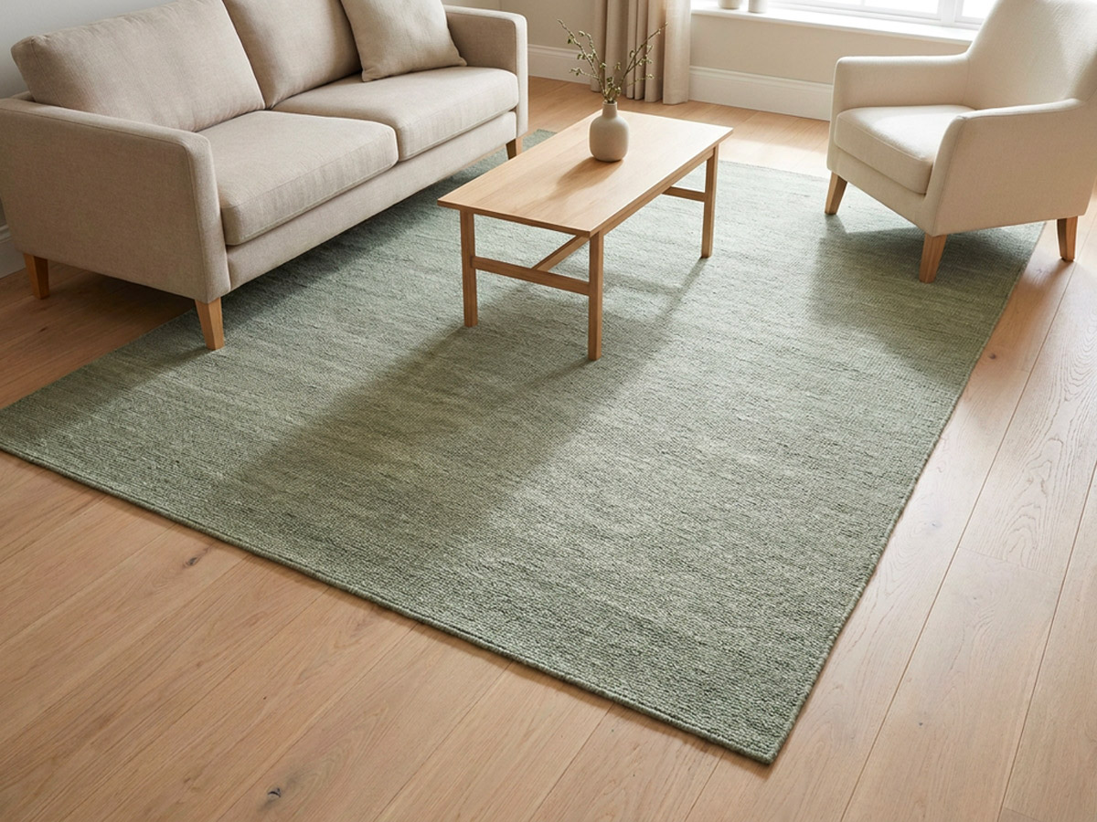 A sage green rug anchoring a beige sofa, armchair and oak coffee table over a timber floor in a living room